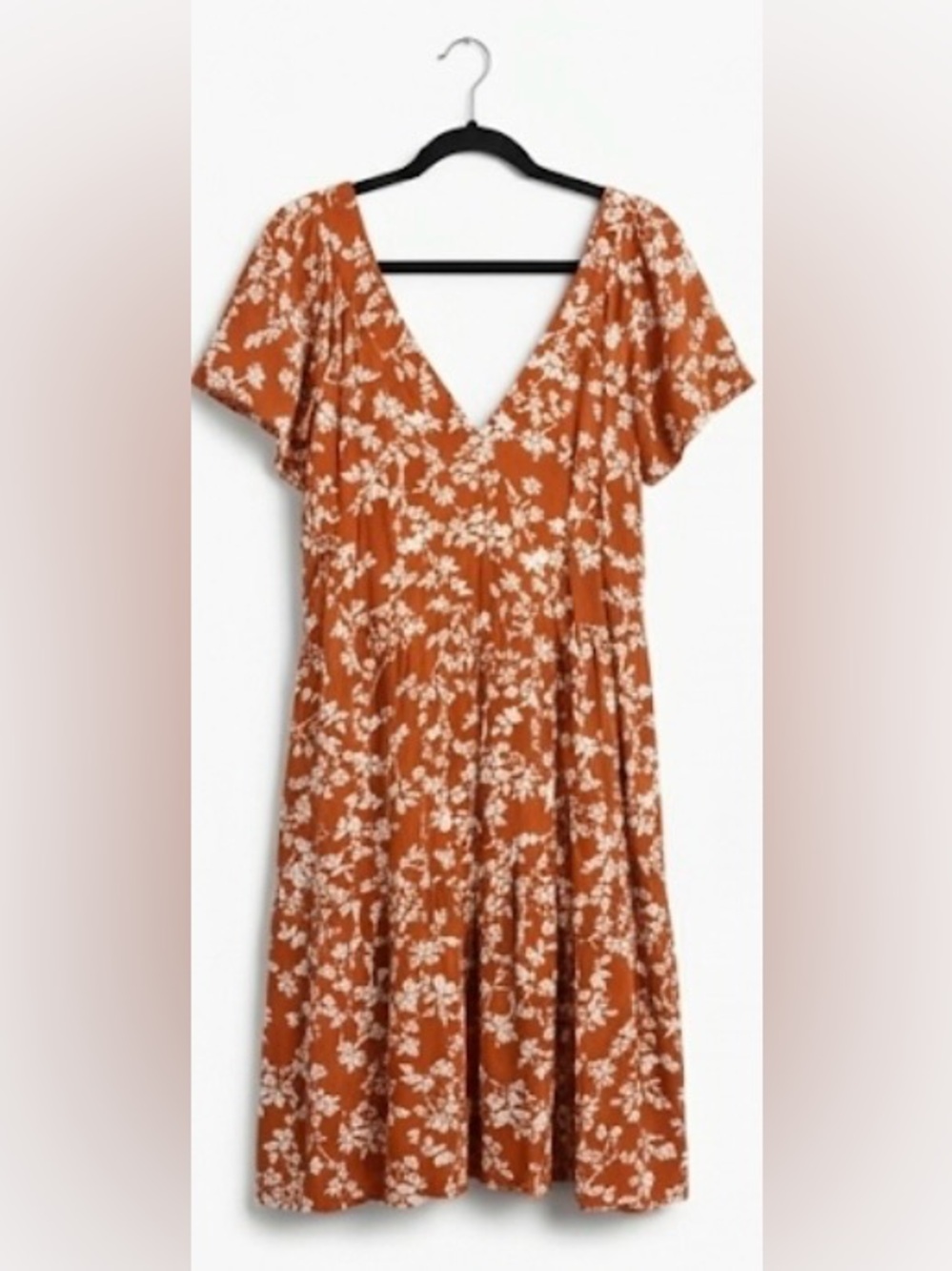 Floral V-Neck Dress in Rust with White Print